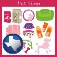 texas map icon and pet shop products