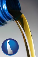 delaware map icon and motor oil being poured from a container