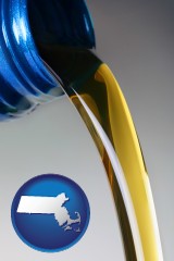 massachusetts map icon and motor oil being poured from a container