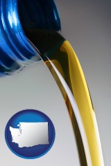 washington motor oil being poured from a container