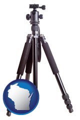 wisconsin map icon and a camera tripod