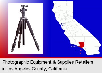 a camera tripod; Los Angeles County highlighted in red on a map
