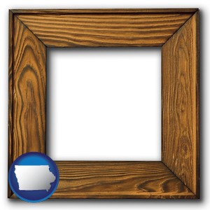 a wooden picture frame - with Iowa icon