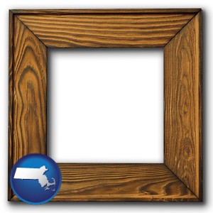 a wooden picture frame - with Massachusetts icon