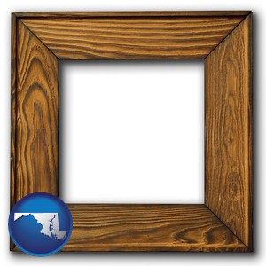 a wooden picture frame - with Maryland icon