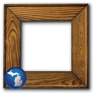 a wooden picture frame - with Michigan icon