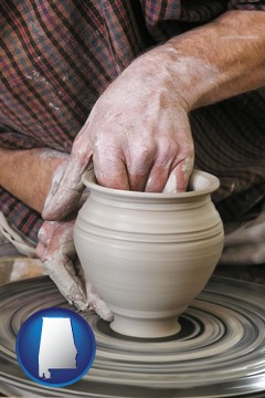 a potter making pottery on a pottery wheel - with Alabama icon