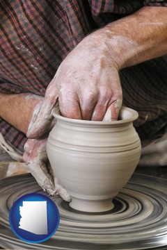 a potter making pottery on a pottery wheel - with Arizona icon