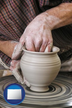 a potter making pottery on a pottery wheel - with Colorado icon