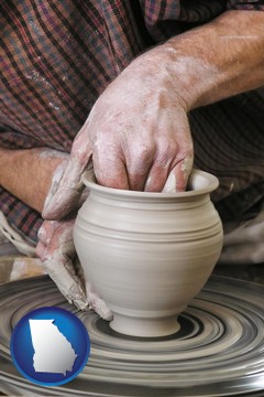 a potter making pottery on a pottery wheel - with Georgia icon