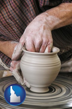 a potter making pottery on a pottery wheel - with Idaho icon