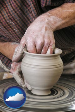 a potter making pottery on a pottery wheel - with Kentucky icon