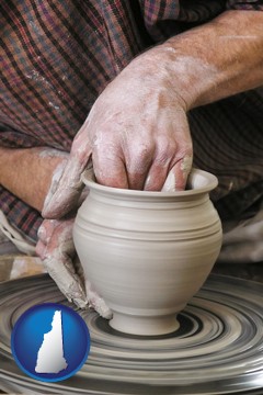 a potter making pottery on a pottery wheel - with New Hampshire icon