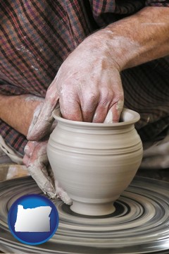 a potter making pottery on a pottery wheel - with Oregon icon