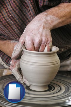 a potter making pottery on a pottery wheel - with Utah icon