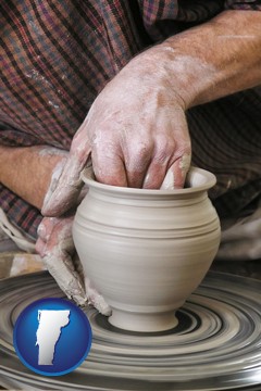 a potter making pottery on a pottery wheel - with Vermont icon