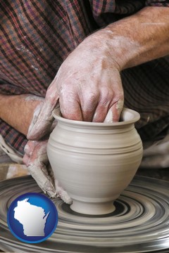 a potter making pottery on a pottery wheel - with Wisconsin icon