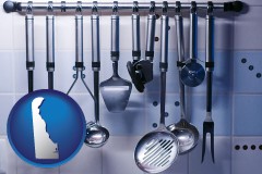 delaware map icon and restaurant kitchen utensils