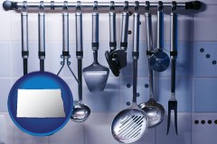 north-dakota map icon and restaurant kitchen utensils