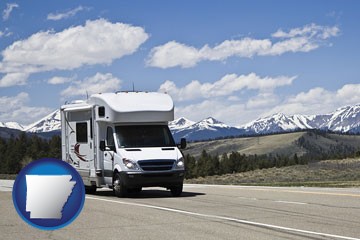 recreational vehicle and snow-capped mountains - with Arkansas icon