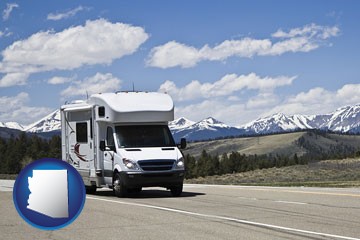 recreational vehicle and snow-capped mountains - with Arizona icon
