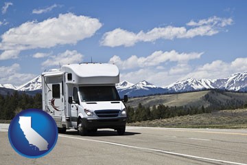 recreational vehicle and snow-capped mountains - with California icon