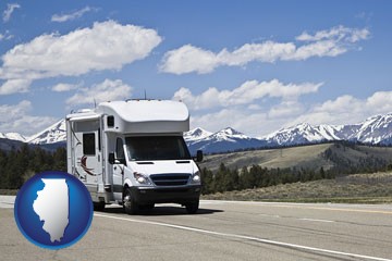 recreational vehicle and snow-capped mountains - with Illinois icon
