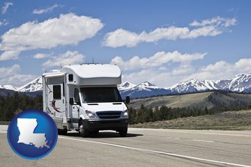 recreational vehicle and snow-capped mountains - with Louisiana icon