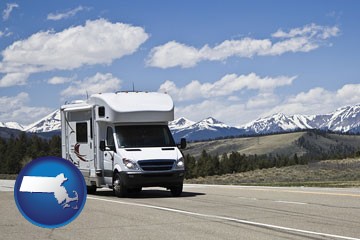 recreational vehicle and snow-capped mountains - with Massachusetts icon