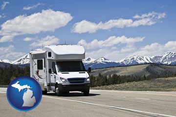recreational vehicle and snow-capped mountains - with Michigan icon