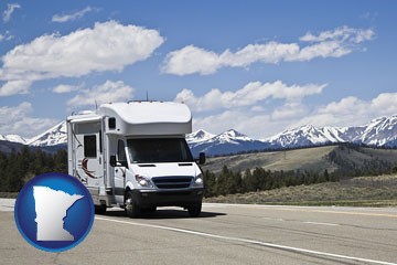 recreational vehicle and snow-capped mountains - with Minnesota icon