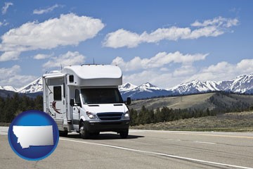recreational vehicle and snow-capped mountains - with Montana icon