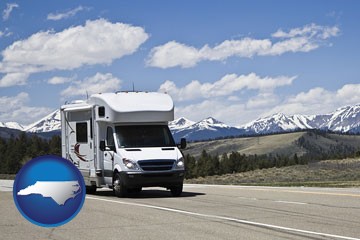 recreational vehicle and snow-capped mountains - with North Carolina icon