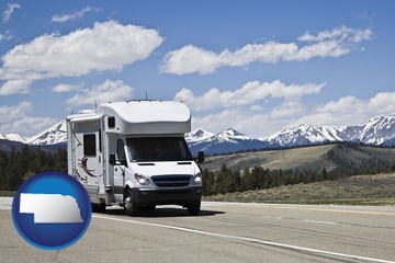 recreational vehicle and snow-capped mountains - with Nebraska icon
