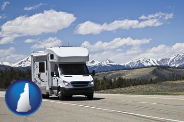 recreational vehicle and snow-capped mountains - with New Hampshire icon