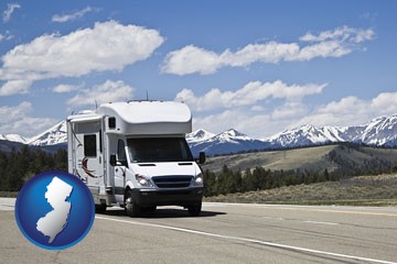 recreational vehicle and snow-capped mountains - with New Jersey icon