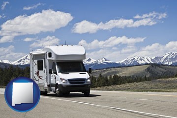 recreational vehicle and snow-capped mountains - with New Mexico icon