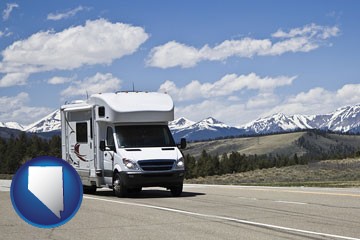recreational vehicle and snow-capped mountains - with Nevada icon