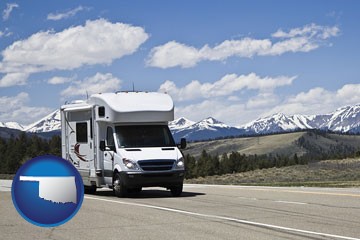 recreational vehicle and snow-capped mountains - with Oklahoma icon