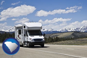 recreational vehicle and snow-capped mountains - with South Carolina icon