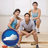 ky map icon and three athletes wearing sportswear