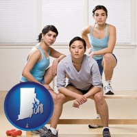 ri map icon and three athletes wearing sportswear