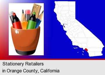stationery items; Orange County highlighted in red on a map