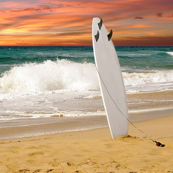 a surfboard standing upright on a sandy beach at sunset (large image)