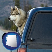 arizona map icon and a truck cap and a Siberian husky