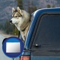 colorado map icon and a truck cap and a Siberian husky