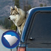 south-carolina map icon and a truck cap and a Siberian husky