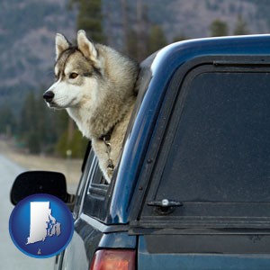 a truck cap and a Siberian husky - with Rhode Island icon