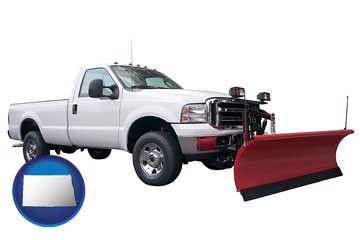 a pickup truck snowplow accessory - with North Dakota icon