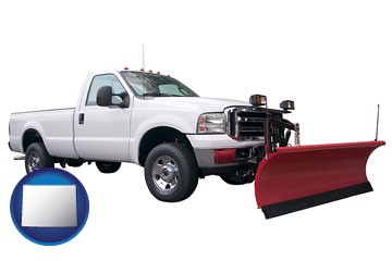 a pickup truck snowplow accessory - with Wyoming icon